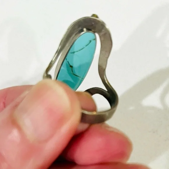 RARE VTG Reversible Artisan Ring, Tibetan Silver,Dual Turquoise Cabochons, Sz 9 - Picture 6 of 11